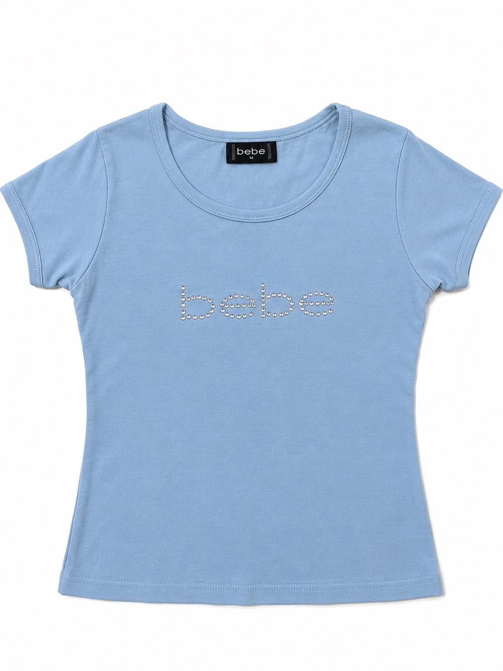 bebe Sky Blue Rhinestone Logo Scoop Tee Medium kid